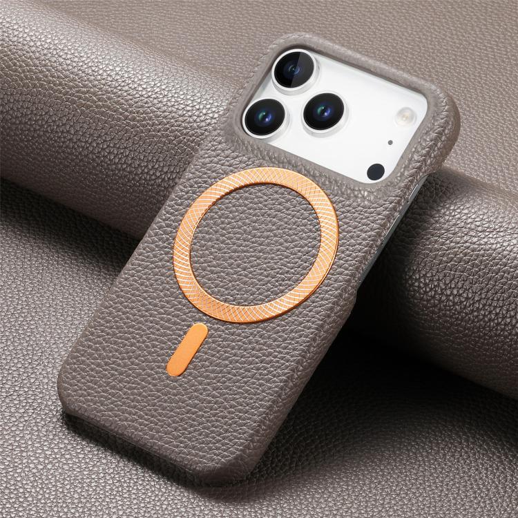 For iPhone 17 Pro Litchi Texture Brushed MagSafe PU Back Cover Phone Case
