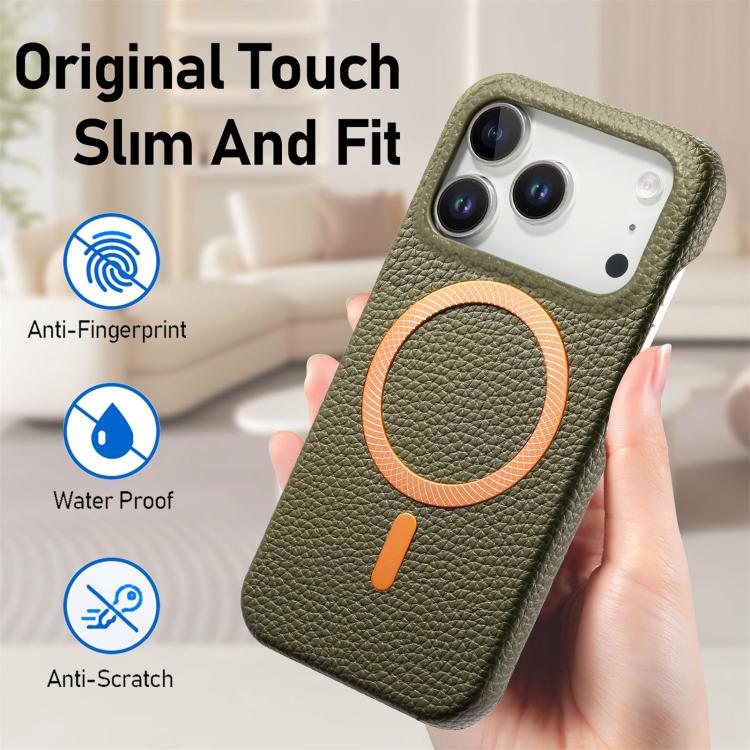 For iPhone 17 Pro Max Litchi Texture Brushed MagSafe PU Back Cover Phone Case