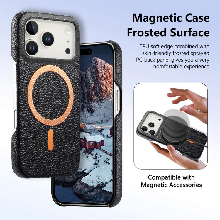 For iPhone 17 Pro Max Litchi Texture Brushed MagSafe PU Back Cover Phone Case