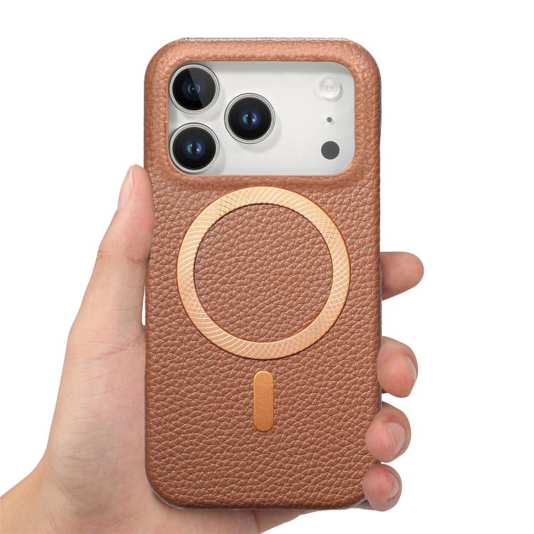 For iPhone 17 Pro Max Litchi Texture Brushed MagSafe PU Back Cover Phone Case