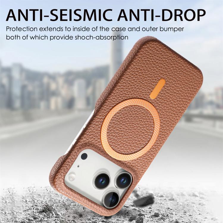 For iPhone 17 Pro Max Litchi Texture Brushed MagSafe PU Back Cover Phone Case
