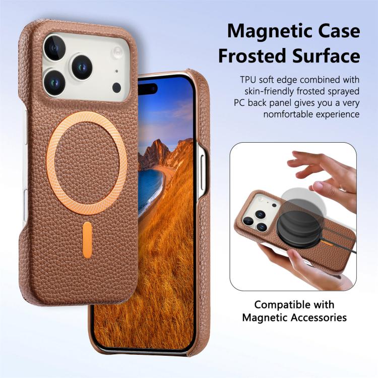 For iPhone 17 Pro Max Litchi Texture Brushed MagSafe PU Back Cover Phone Case