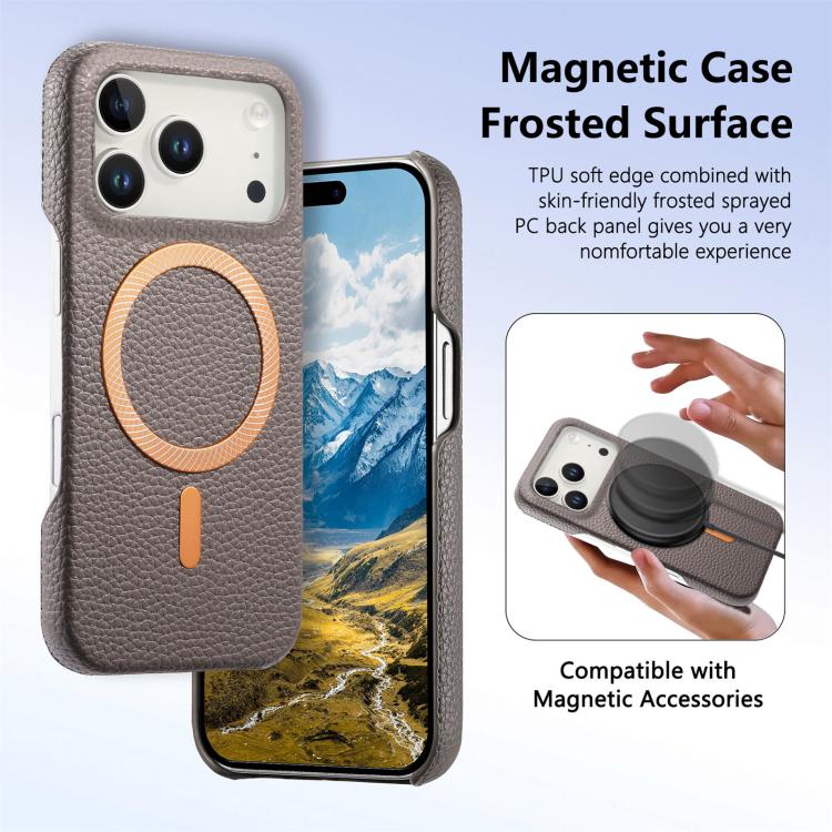 For iPhone 17 Pro Max Litchi Texture Brushed MagSafe PU Back Cover Phone Case