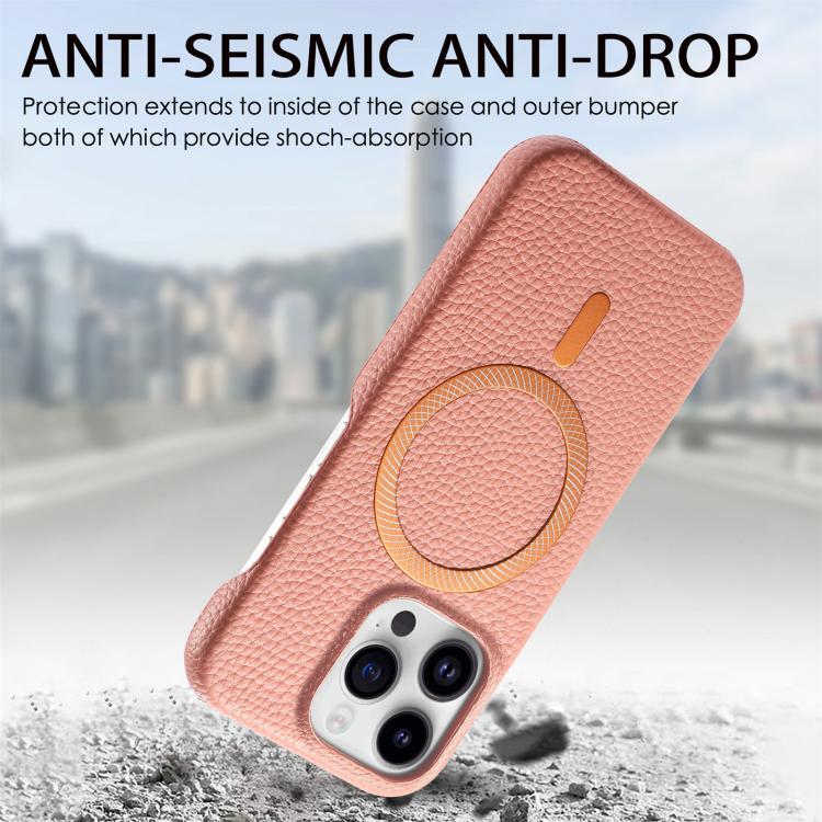 For iPhone 16 Pro Litchi Texture Brushed MagSafe PU Back Cover Phone Case
