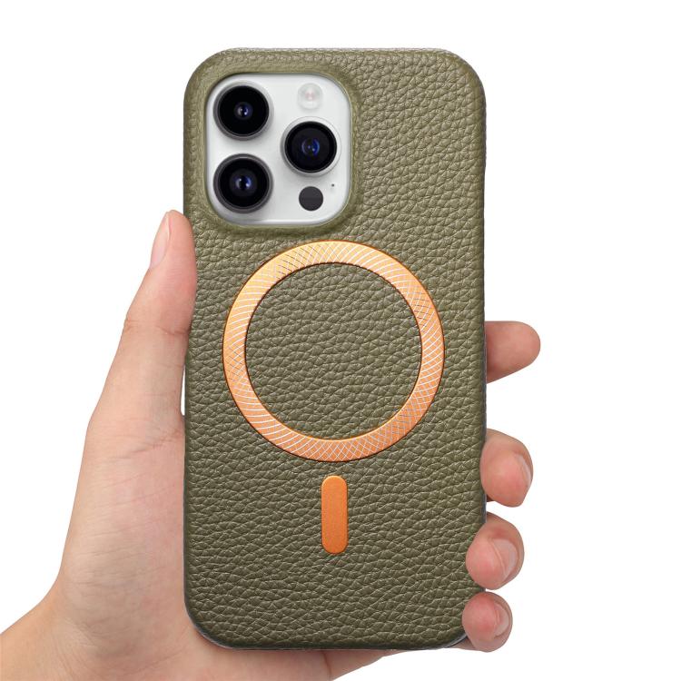 For iPhone 16 Pro Max Litchi Texture Brushed MagSafe PU Back Cover Phone Case
