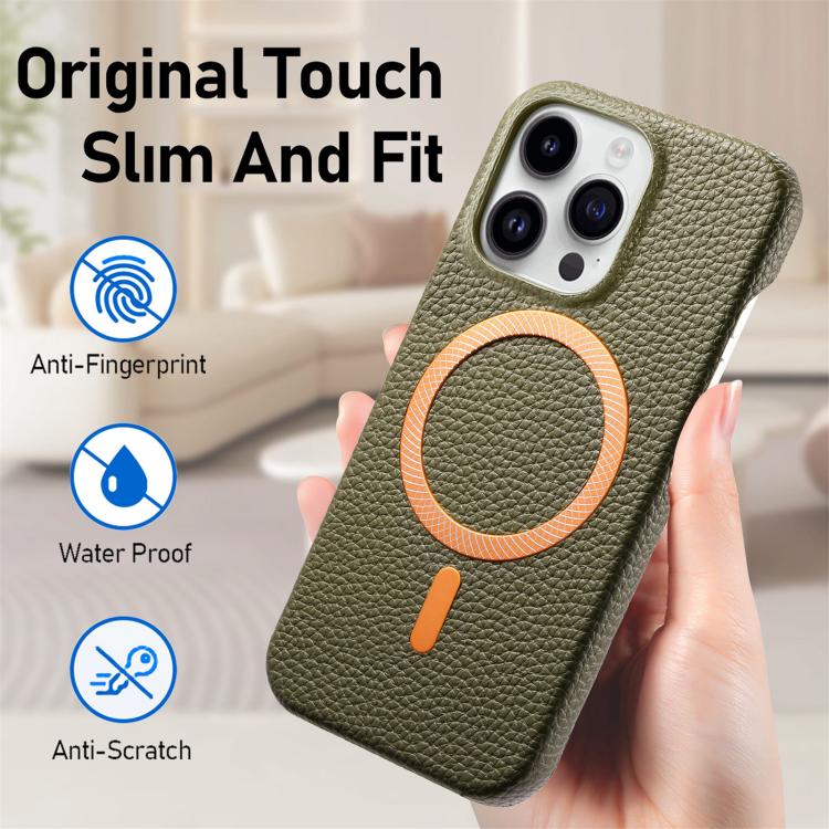 For iPhone 15 Plus Litchi Texture Brushed MagSafe PU Back Cover Phone Case