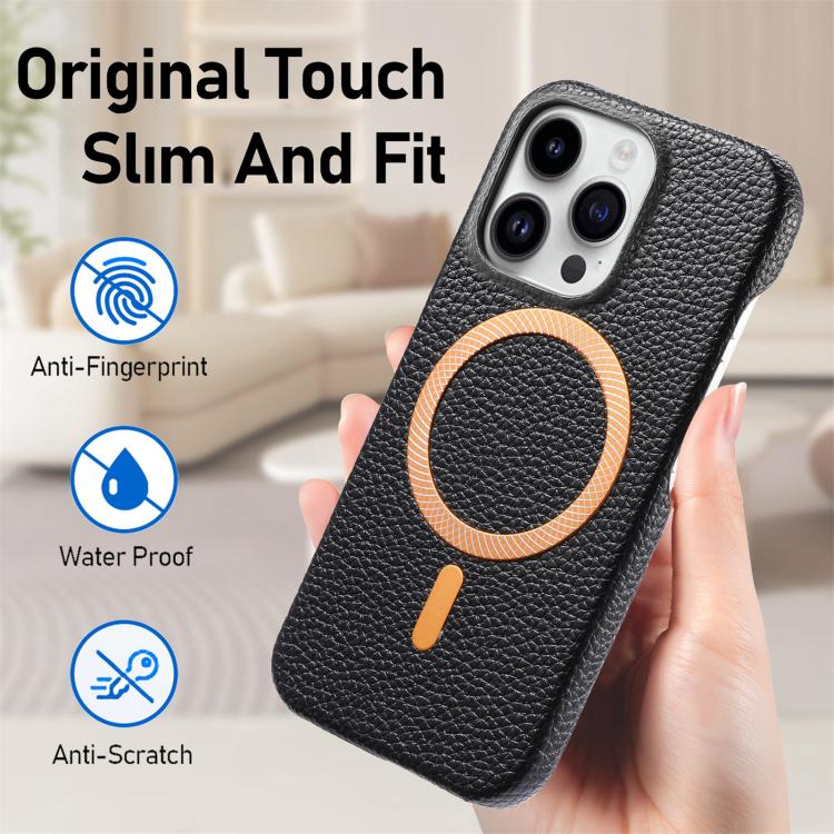 For iPhone 15 Plus Litchi Texture Brushed MagSafe PU Back Cover Phone Case
