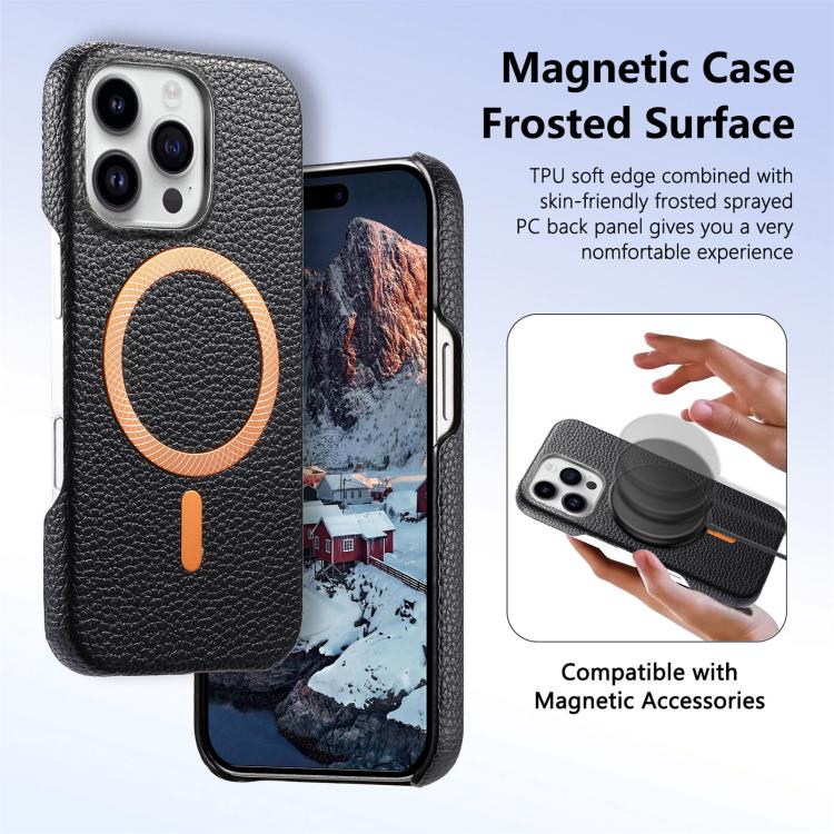 For iPhone 15 Pro Litchi Texture Brushed MagSafe PU Back Cover Phone Case