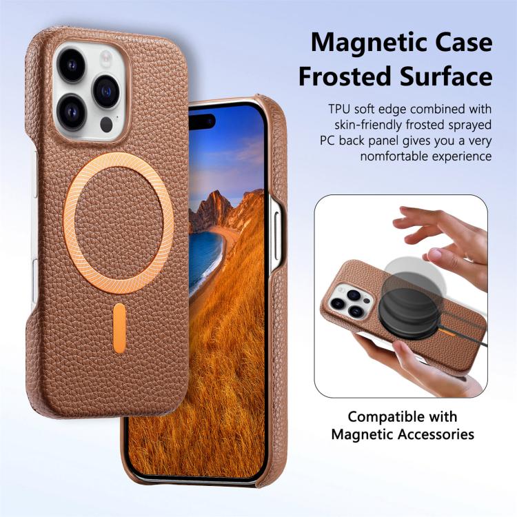 For iPhone 15 Pro Litchi Texture Brushed MagSafe PU Back Cover Phone Case