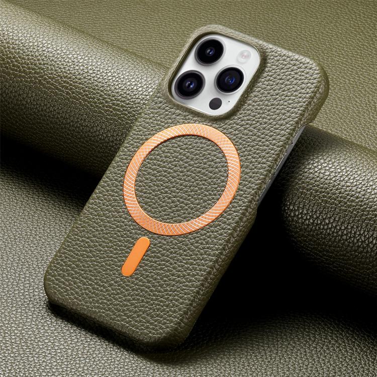 For iPhone 15 Pro Max Litchi Texture Brushed MagSafe PU Back Cover Phone Case