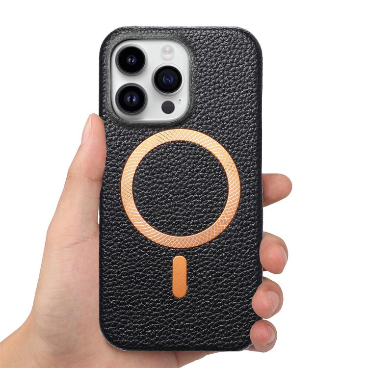 For iPhone 15 Pro Max Litchi Texture Brushed MagSafe PU Back Cover Phone Case