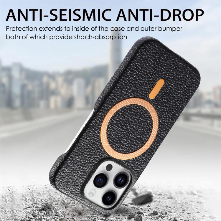 For iPhone 15 Pro Max Litchi Texture Brushed MagSafe PU Back Cover Phone Case