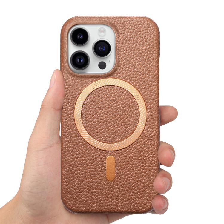 For iPhone 15 Pro Max Litchi Texture Brushed MagSafe PU Back Cover Phone Case