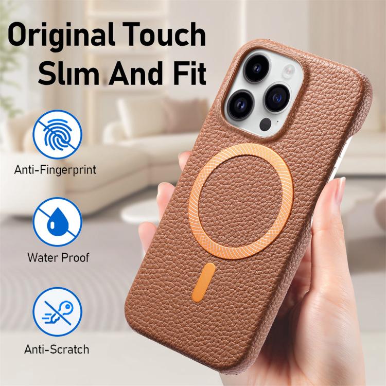 For iPhone 15 Pro Max Litchi Texture Brushed MagSafe PU Back Cover Phone Case