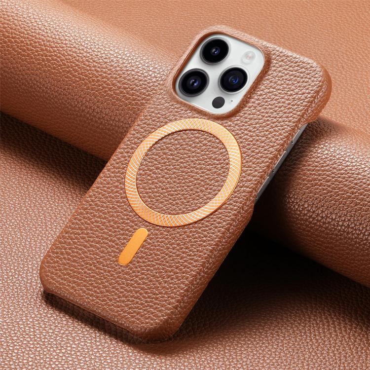 For iPhone 15 Pro Max Litchi Texture Brushed MagSafe PU Back Cover Phone Case