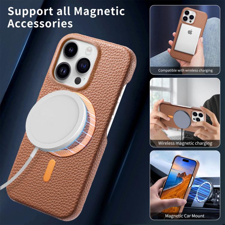 For iPhone 14 Litchi Texture Brushed MagSafe PU Back Cover Phone Case