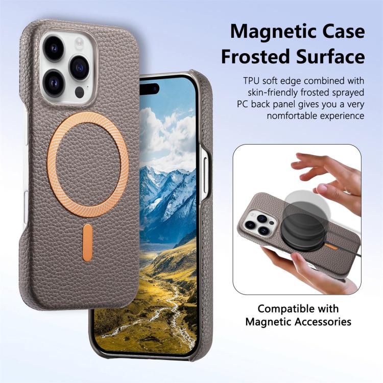 For iPhone 14 Litchi Texture Brushed MagSafe PU Back Cover Phone Case