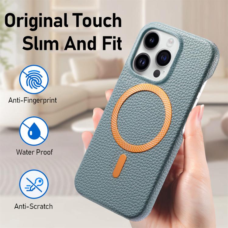 For iPhone 14 Plus Litchi Texture Brushed MagSafe PU Back Cover Phone Case