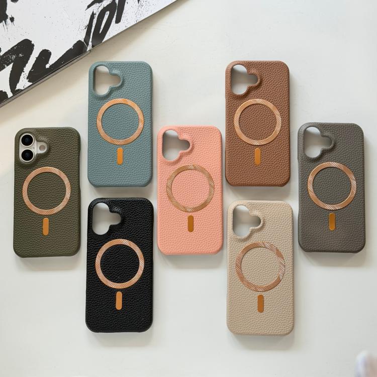 For iPhone 17 Litchi Texture Brushed MagSafe PU Back Cover Phone Case