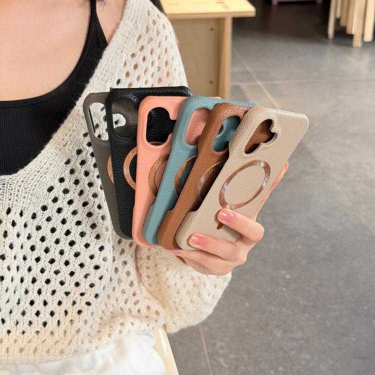 For iPhone 16 Plus Litchi Texture Brushed MagSafe PU Back Cover Phone Case