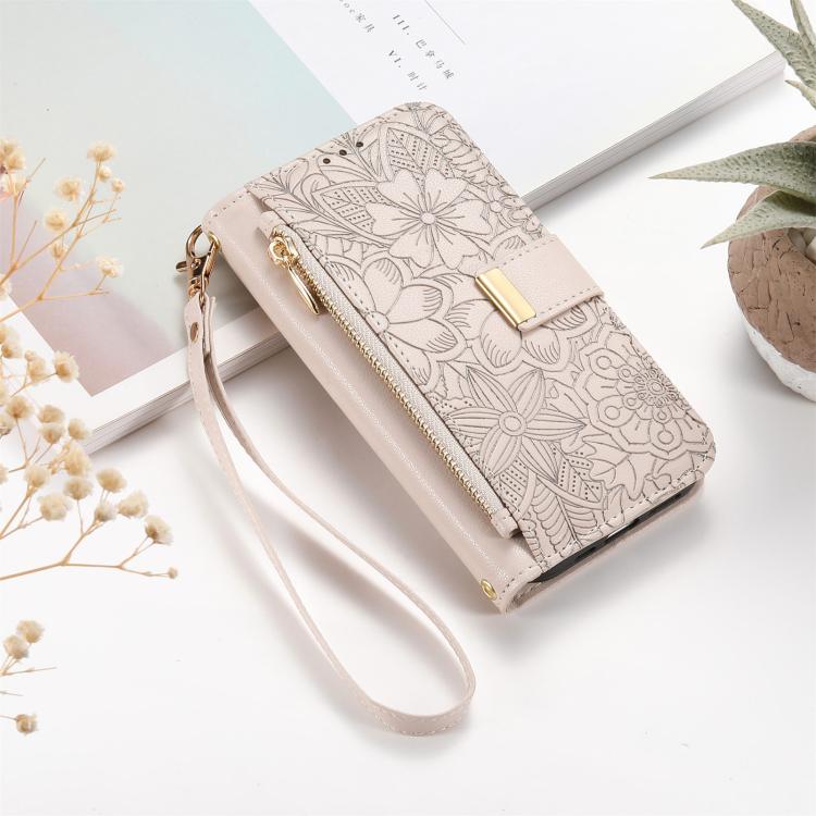 For Google Pixel 9 / 9 Pro Flowers Leaves Zipper Wallet Leather Phone Case with Strap