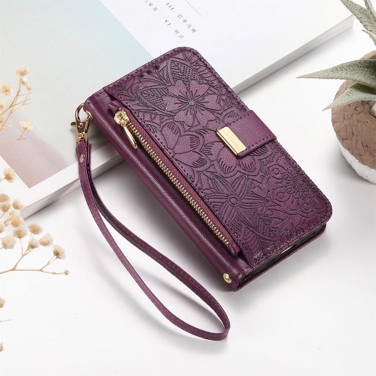 For Google Pixel 10 / 10 Pro Flowers Leaves Zipper Wallet Leather Phone Case with Strap