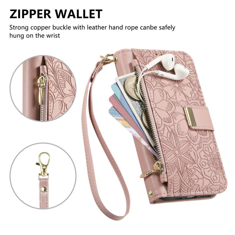 For Google Pixel 10 / 10 Pro Flowers Leaves Zipper Wallet Leather Phone Case with Strap