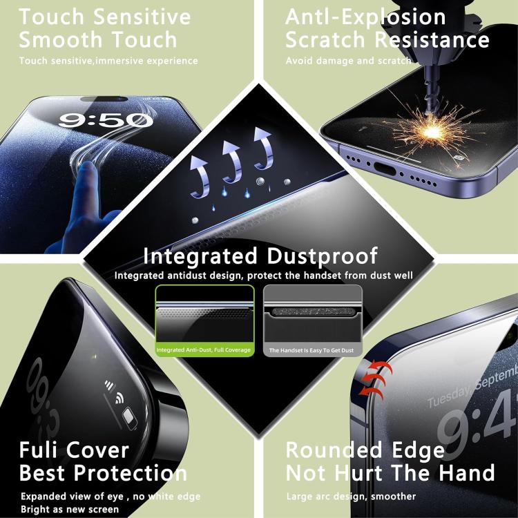For iPhone 13 Pro Max 10pcs Armor 300C Ultra-Curved Anti-Static Anti-Dust Silk-Screened Privacy Tempered Glass Film