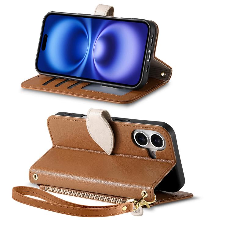 For iPhone 16 Leaf Buckle Zipper Wallet Leather Phone Case with Strap