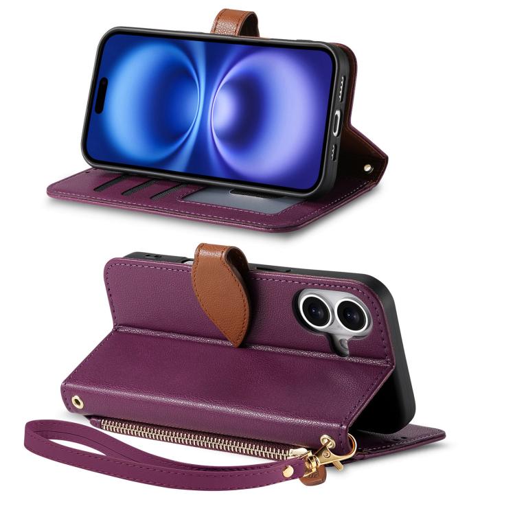 For iPhone 16 Plus Leaf Buckle Zipper Wallet Leather Phone Case with Strap