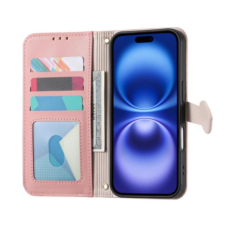 For iPhone 16 Plus Leaf Buckle Zipper Wallet Leather Phone Case with Strap