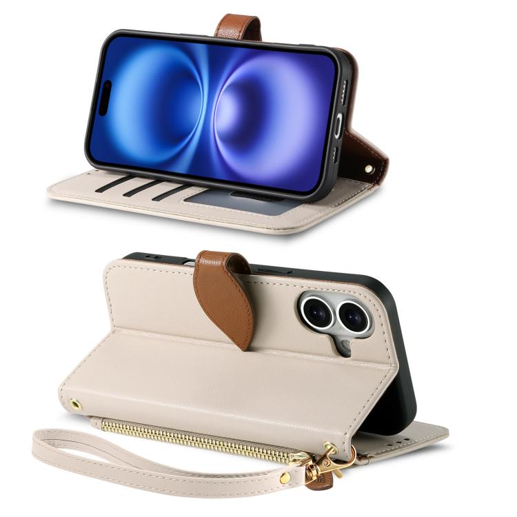 For iPhone 16 Plus Leaf Buckle Zipper Wallet Leather Phone Case with Strap