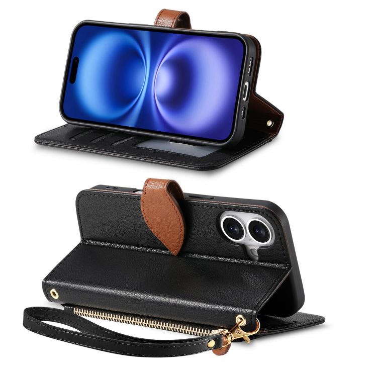 For iPhone 16 Plus Leaf Buckle Zipper Wallet Leather Phone Case with Strap