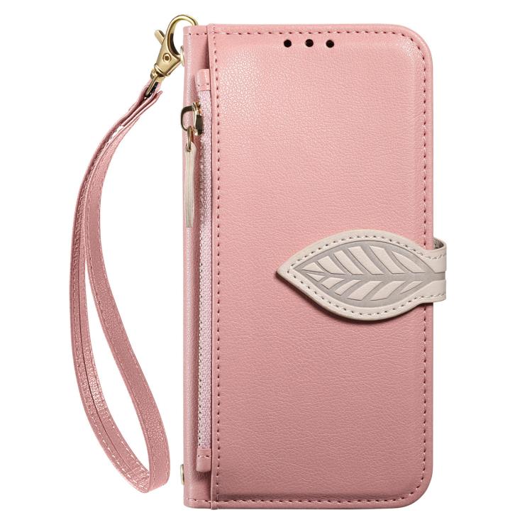 For iPhone 17 Leaf Buckle Zipper Wallet Leather Phone Case with Strap
