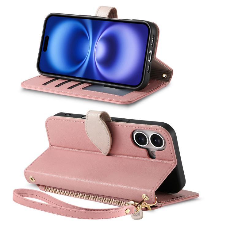 For iPhone 17 Leaf Buckle Zipper Wallet Leather Phone Case with Strap