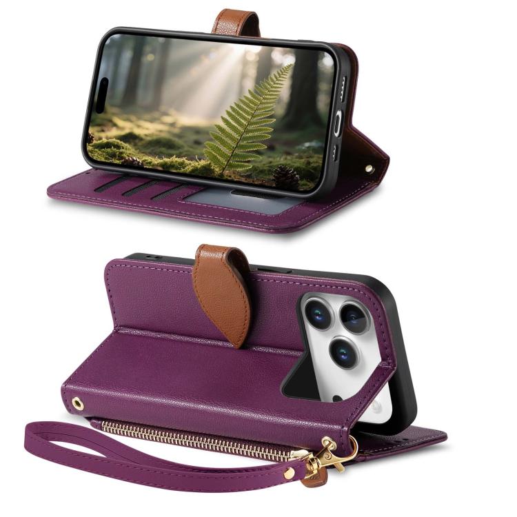 For iPhone 17 Pro Leaf Buckle Zipper Wallet Leather Phone Case with Strap