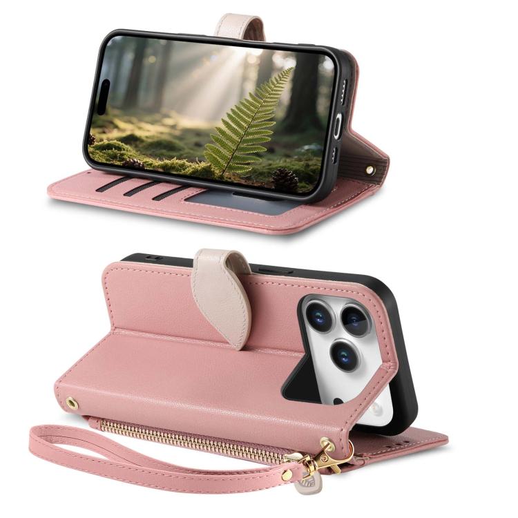 For iPhone 17 Pro Leaf Buckle Zipper Wallet Leather Phone Case with Strap