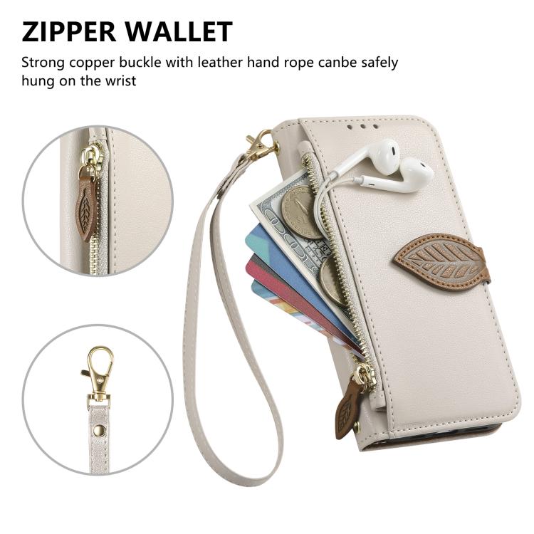 For iPhone 17 Pro Leaf Buckle Zipper Wallet Leather Phone Case with Strap