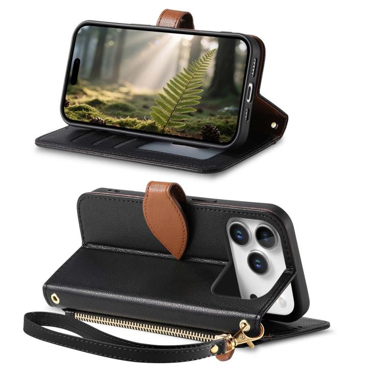 For iPhone 17 Pro Leaf Buckle Zipper Wallet Leather Phone Case with Strap
