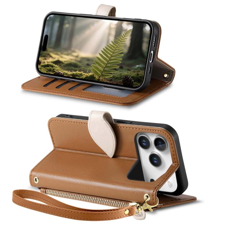 For iPhone 17 Pro Max Leaf Buckle Zipper Wallet Leather Phone Case with Strap