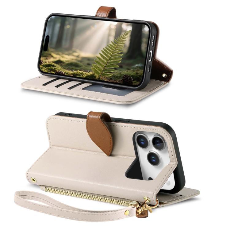 For iPhone 17 Pro Max Leaf Buckle Zipper Wallet Leather Phone Case with Strap