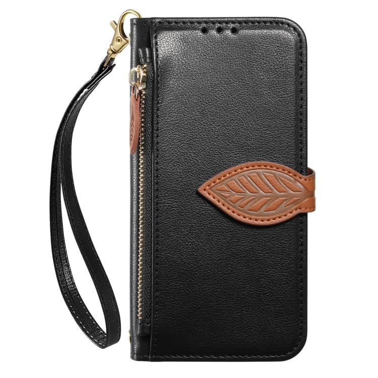 For iPhone 17 Pro Max Leaf Buckle Zipper Wallet Leather Phone Case with Strap