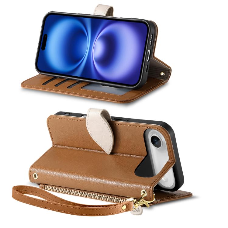 For iPhone Air Leaf Buckle Zipper Wallet Leather Phone Case with Strap