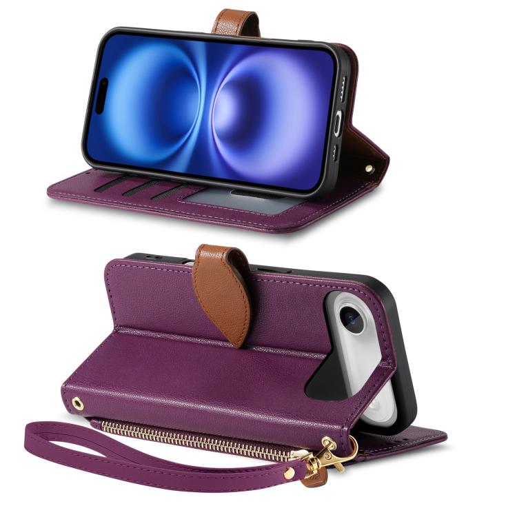 For iPhone Air Leaf Buckle Zipper Wallet Leather Phone Case with Strap