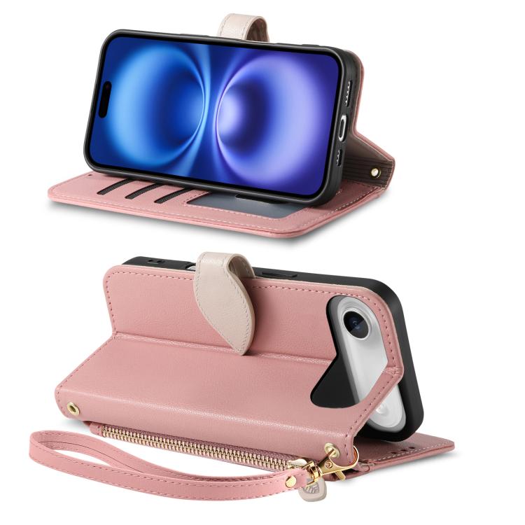 For iPhone Air Leaf Buckle Zipper Wallet Leather Phone Case with Strap