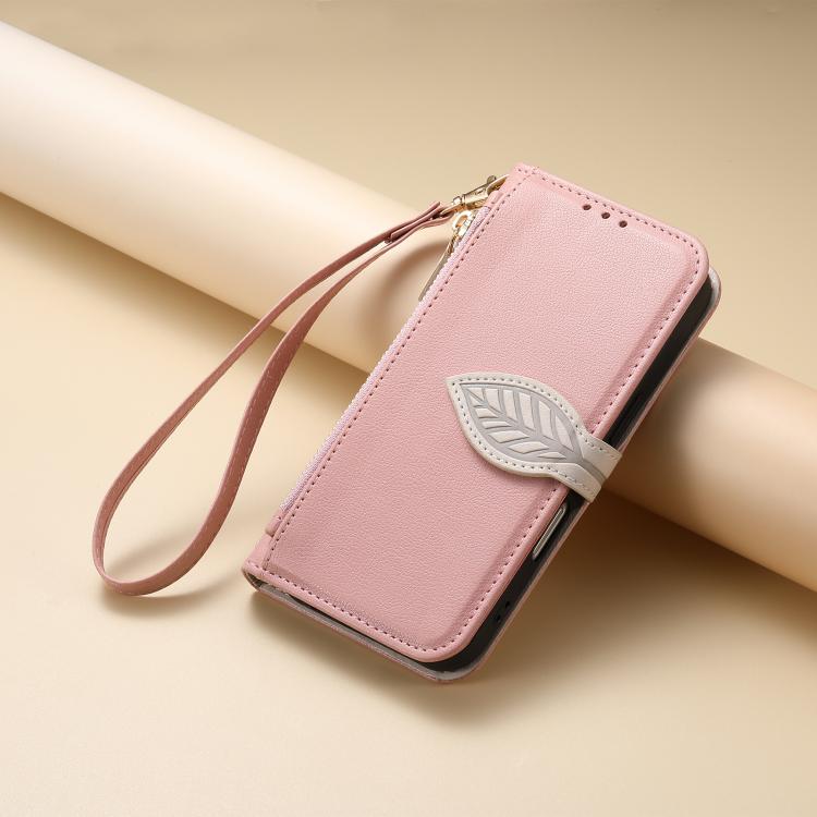 For iPhone Air Leaf Buckle Zipper Wallet Leather Phone Case with Strap