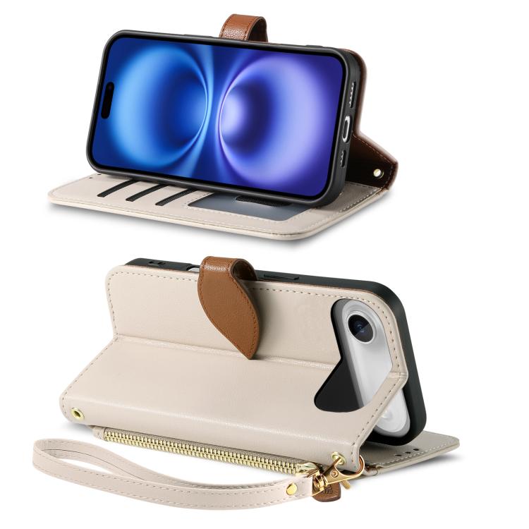For iPhone Air Leaf Buckle Zipper Wallet Leather Phone Case with Strap