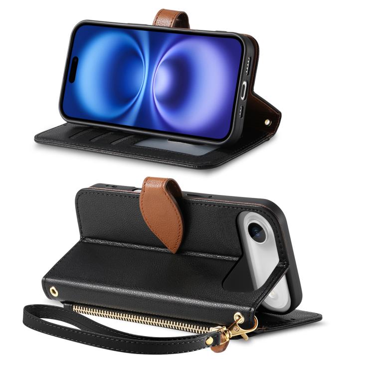 For iPhone Air Leaf Buckle Zipper Wallet Leather Phone Case with Strap