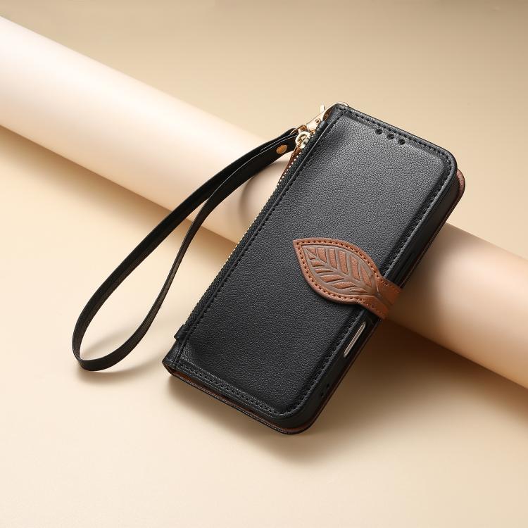 For iPhone Air Leaf Buckle Zipper Wallet Leather Phone Case with Strap