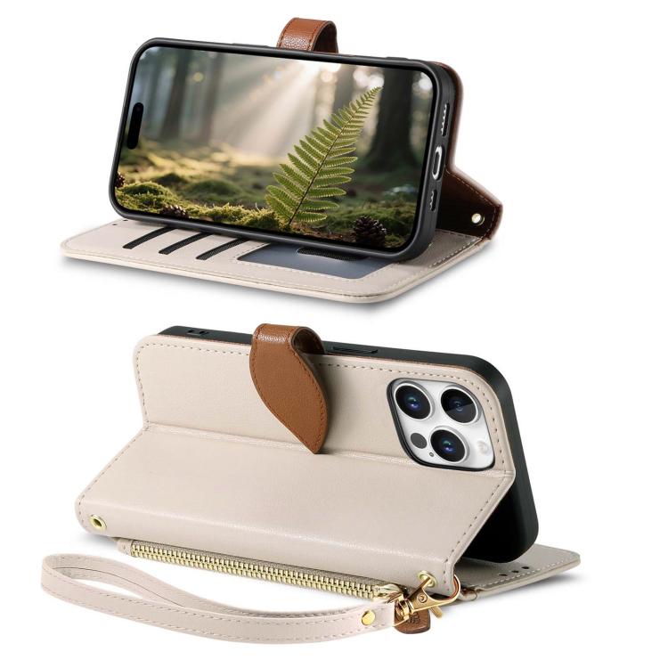 For iPhone 16 Pro Leaf Buckle Zipper Wallet Leather Phone Case with Strap